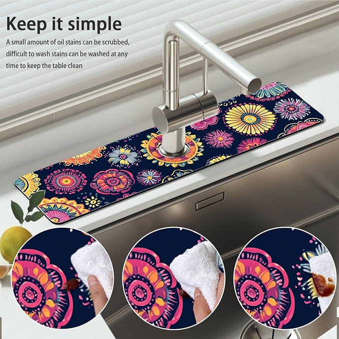 Bimkole 2 PCS Faucet Absorbent Mat, Kitchen Faucet Sink Splash Guard Wraparound Cloth Pads Drip Catcher for Sink Faucet for Kitchen Bathroom Faucet, Colorful Faucet Mat, 15 x 4 Inch Flower A6 - Image 5