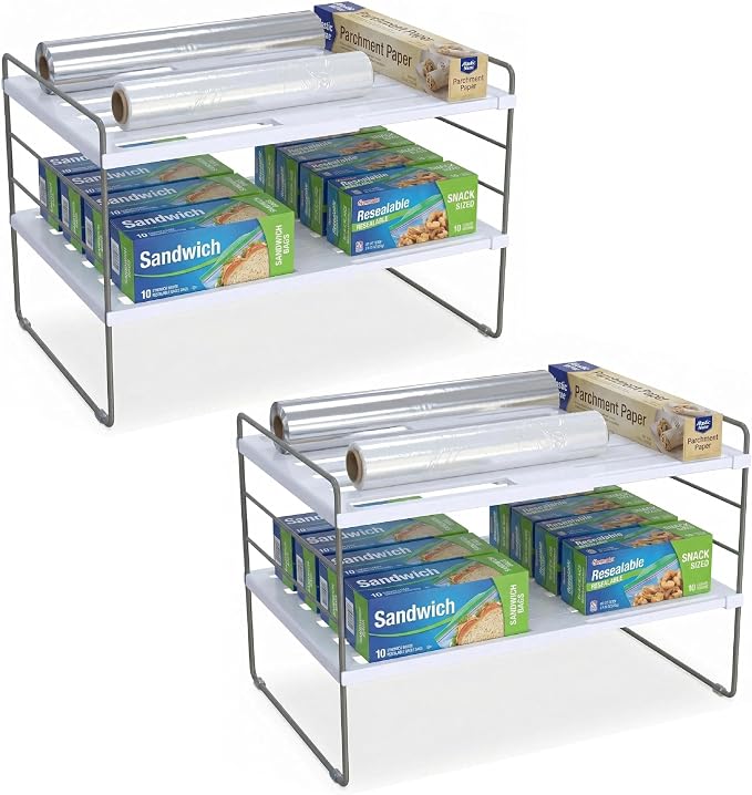 YAN & HIN 2 Pack Expandable Cabinet Organizer Shelf, 3-Tier Kitchen Cabinet Organizer for Tupperware & Food Container Storage, Adjustable Pantry Shelf Organizer for Bottles, Lids & Countertop by YANHIN