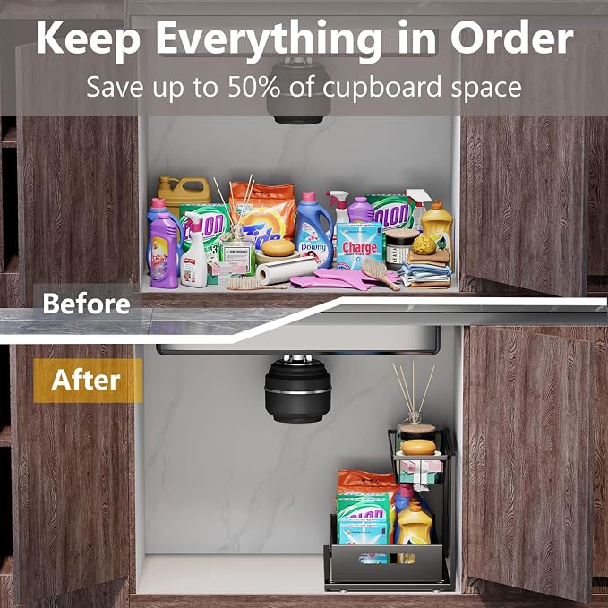 Ceetug Slide Out Under Sink Organizers and Storage, Black, 1 Pack | 2 Tier, Sturdy Metal, Cabinet Organizer, for Kitchen Bathroom - Image 4