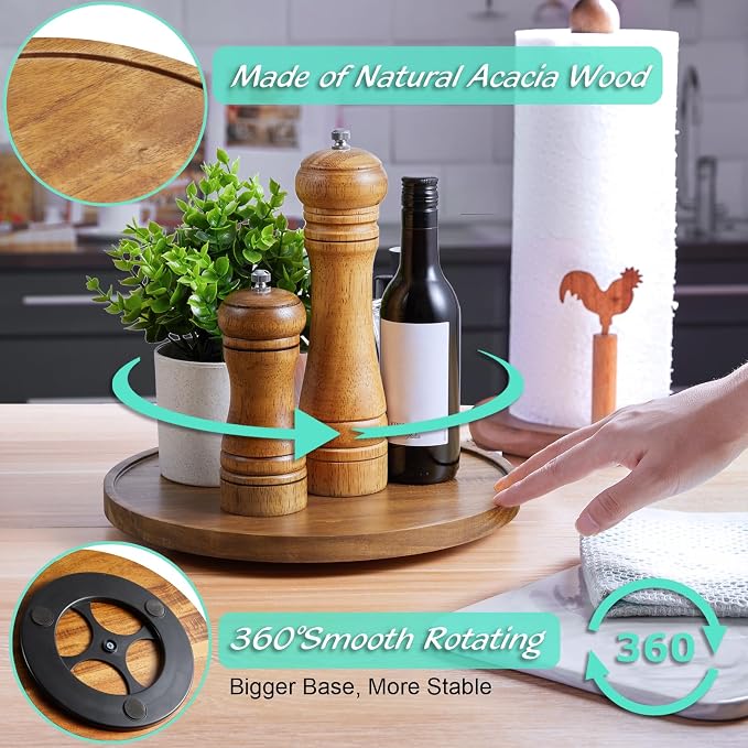 10" Acacia Wood Lazy Susan Turntable Organizer for Cabinet, Round Serving Tray Decorative Tray Vintage Centerpiece Candle Holder Tray, Farmhouse Tray for Kitchen Countertop Coffee Table Decor - Image 2