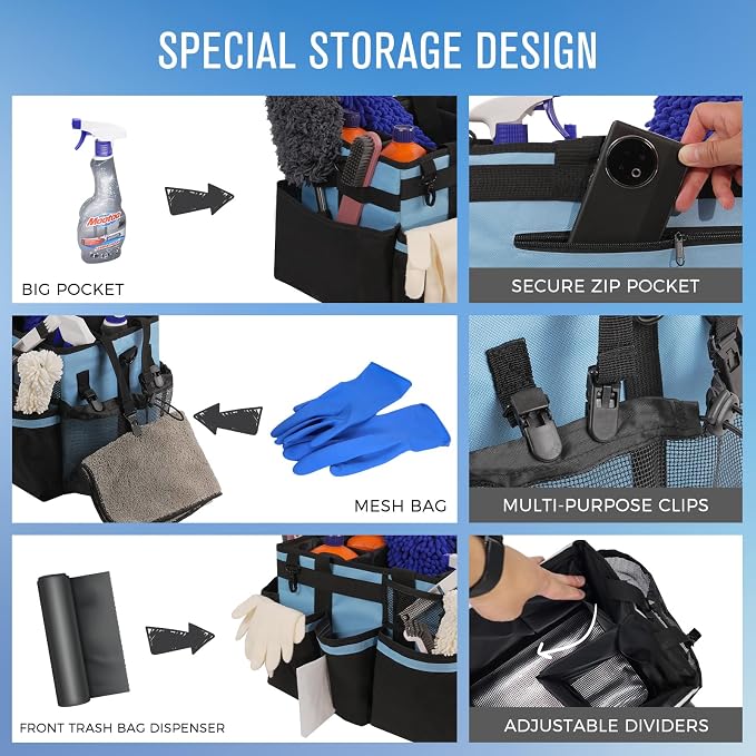 SCAVATA Wearable Cleaning Caddy, Cleaning Caddy Supplies Organizer with Handle & Shoulder Straps for Housekeepers, Under Sink & Car Cleaning Tool Organizers Bag with 4 Foldable Divider (Blue) - Image 2