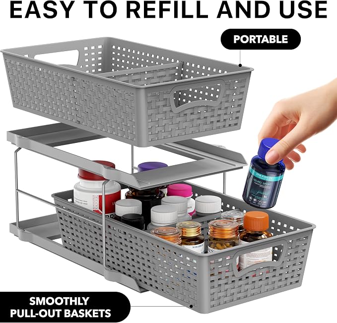 Simple Houseware 2 Tier Pull-Out Sliding Drawer Under Sink Storage, Gray | Great for Kitchen Bathroom Tray Shelf Organizer - Image 3