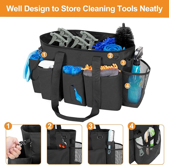 LoDrid Professional Cleaning Tote Caddy for Cleaning Supply, Black | Cleaning Bag Organizer with Dividers and Handle Strap for Housekeepers Work, Bag Only - Image 6