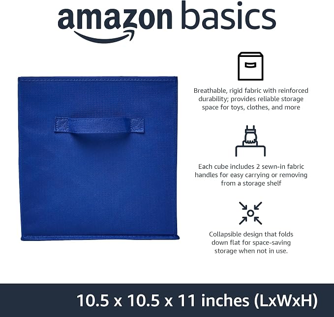 Amazon Basics Collapsible Fabric Storage Bins with Handles, Cube Organizer for Home Organization, 10.5"x10.5"x11", Navy, 6 Count (Pack of 5) - Image 2