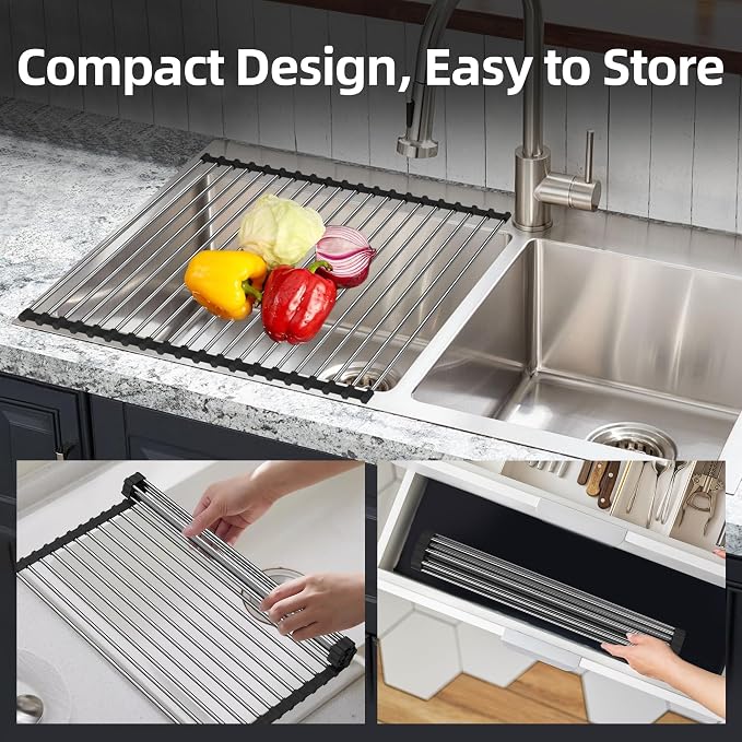 Dish Drying Rack, Roll Up Dish Drying Rack Over the Sink, 17" x 15.7", Dish Racks for Kitchen Counter, Black - Image 3