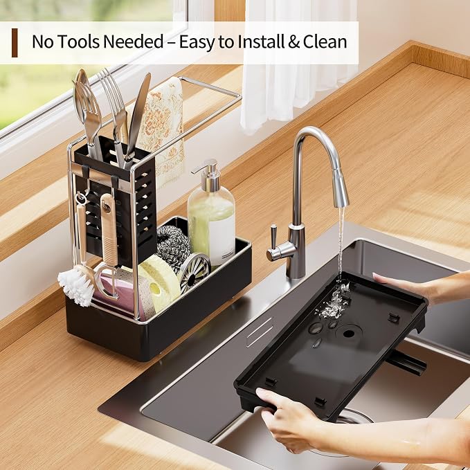 MOUKABAL 2-Tier Sponge Holder for Kitchen Sink, Sink Caddy Organizer Black | Large Capacity/Stainless Steel/Drain Holes Keep Items Dry/Holds Brush & Dishcloth/Side Hooks/Kitchen Counter Organizer - Image 6