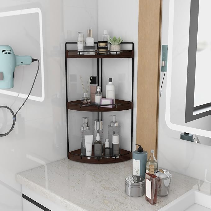 Dorhors Corner Bathroom Organizer Countertop,Vanity Counter Storage Shelf | 3 Tier Walnut Stand Rack Holder for Kitchen,Dresser,Restroom,Wood Bathroom Sink Tray for Makeup,Perfume,Skincare,Lotion - Image 2