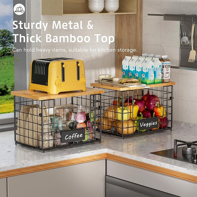 2-Pack Stackable Wire Baskets with 2 Pads & Bamboo Top, Pantry Organizer | Potato and Onion Storage Bin with Labels, Organize Produce/Fruit/Vegetable on Kitchen Counter, Cabinet or Under Sink, XL - Image 8