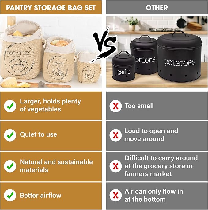 Potato Storage Bag | Natural Jute Potato Onion Garlic Storage Set for Pantry | Breathable & Fresh Onion Potato Storage | Easy to Clean Potato and Onion Storage Bag | Air Flow, Light Blocking - Image 5