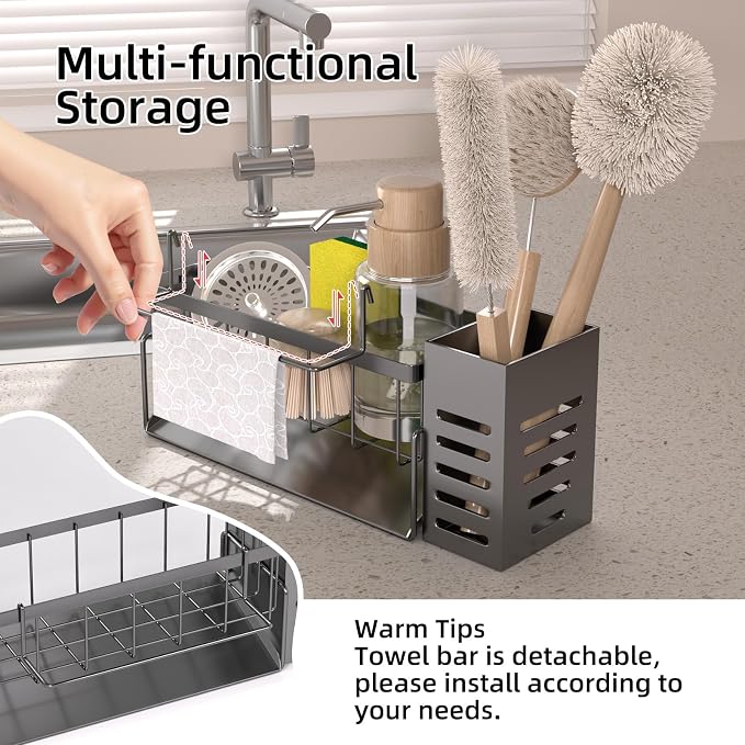 304 Stainless Steel Over Sink Caddy Sponge Soap Organizer Gray | Auto sloped drainage with removable tray, 3 divided spaces for sponge & soap, rustproof steel, no installation needed - Image 4