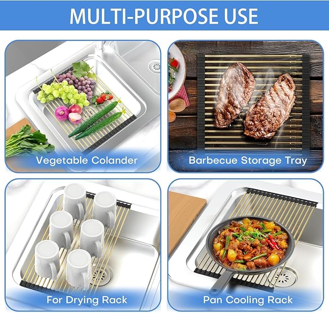 Expandable Roll Up Dish Drying Rack, Adjustable Large Over The Sink Rack Draining Rack (Max Extends to 21.26”) for Stainless Steel Sink Rack, Collapsible Rolling Up Rack 18 Tube for Kitchen, Gold - Image 6