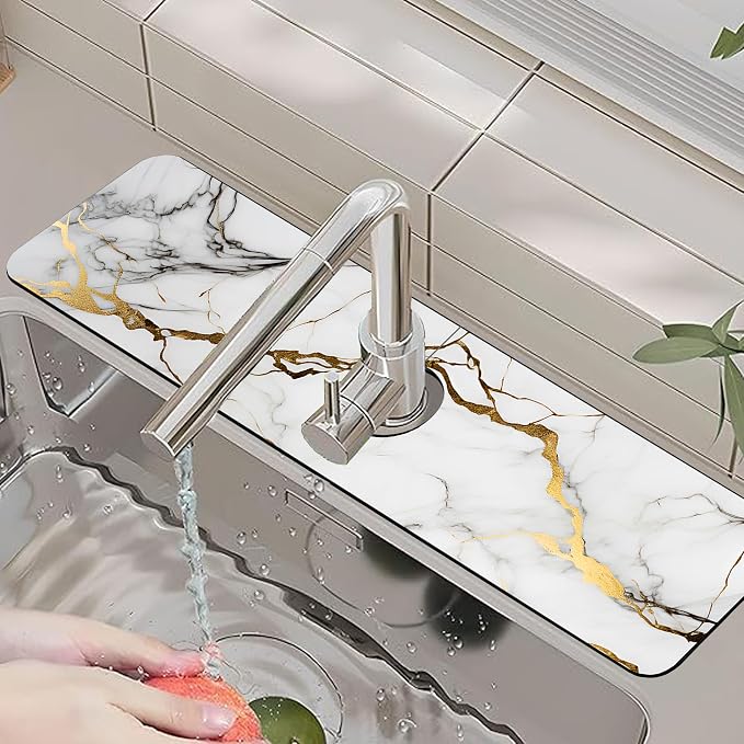 Faucet Mat for Kitchen Sink White Gold Marble Texture Sink Splash Guard Behind Faucet Soft Diatom Mud Material Non-slip Easy to Clean for Bathroom & Kitchen 24"X5.5" - Image 6