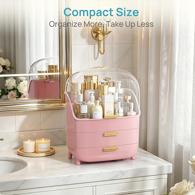 Vtopmart 3-Tier Skincare Makeup Organizer with Lids, Pink | With Drawers and Lid, For Vanity and Bathroom Countertop, Large Cosmetic Storage Box Case for Dresser, With Non-Slip Base - Image 3