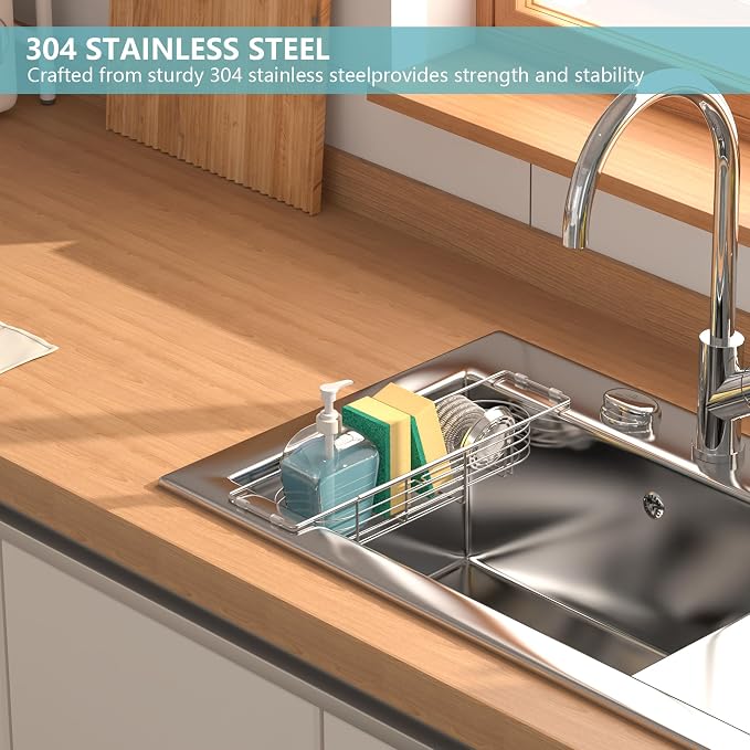 Sink Caddy Sponge Holder Kitchen Sink Organizer Expandable 13.4" to 17.1" | 304 Stainless Steel Telescopic sink organizer rack for kitchen - Image 6