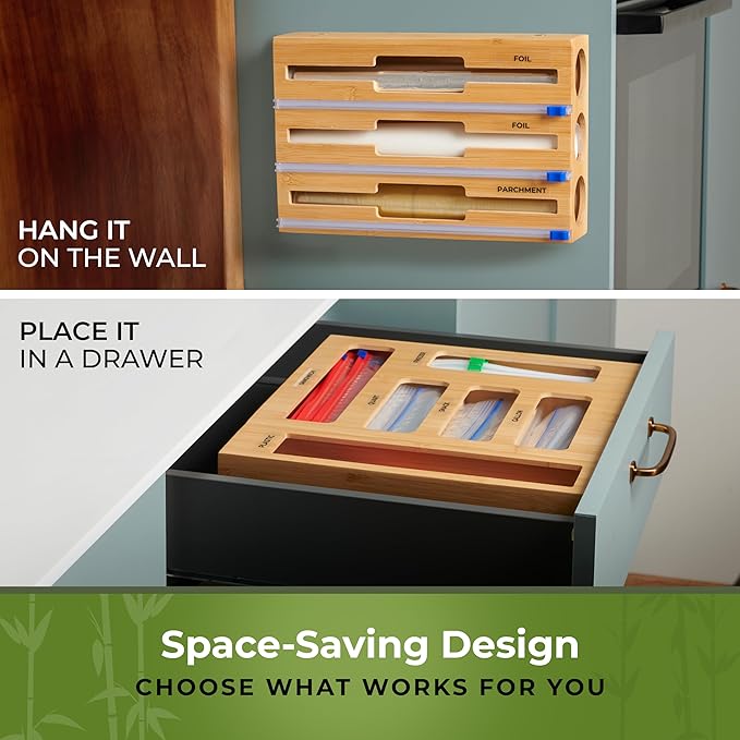 Kitchen Drawer Organizer, 9" 1 Sandwich Storage Bag Organizer & Foil Wrap | Bamboo Storage, Fits Gallon, Quart & Snack Sizes – Wall Mountable, Please Measure Before Ordering - Image 6
