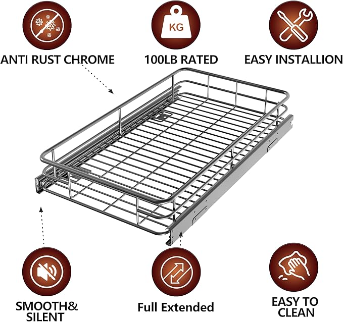 Pull Out Shelves For Kitchen Cabinets 11" W x 21" D, Chrome | Heavy-Gauge Wire Kitchen Cabinet Organizer, 100 lbs Capacity, Ball-Bearing Glides, Min 12" Opening, Under Sink Organizer - Image 5