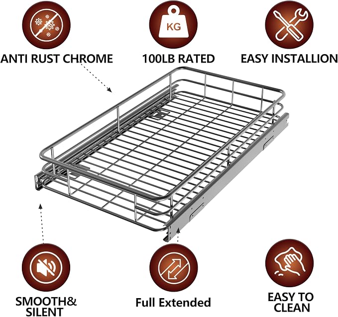 Pull Out Cabinet Organizer 20" W x 21" D, Chrome | Slide Out Shelves for Kitchen Cabinet, 100 lbs Capacity, Smooth Ball-Bearing Glides, Heavy-Gauge Steel Wire, Fits 21" Opening - Image 5