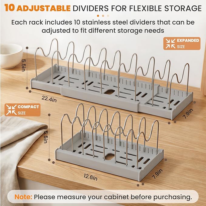 2 Pack Expandable Pot Lid Organizers with 10 Adjustable Dividers | 12.6-22.4 Inch Pots and Pans Organizer Rack Under Cabinet, Countertop, Pan Lids, Bakeware, Food Container Lids, Grey - Image 2
