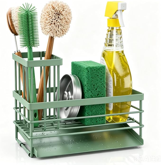 Cisily Sink Caddy Sponge Holder for Kitchen with Brush Holder and Stainless Steel Self Drain Tray, Rustproof Kitchen Sink Organizer for Sponge, Soap Dispenser Storage Accessories - Image 4