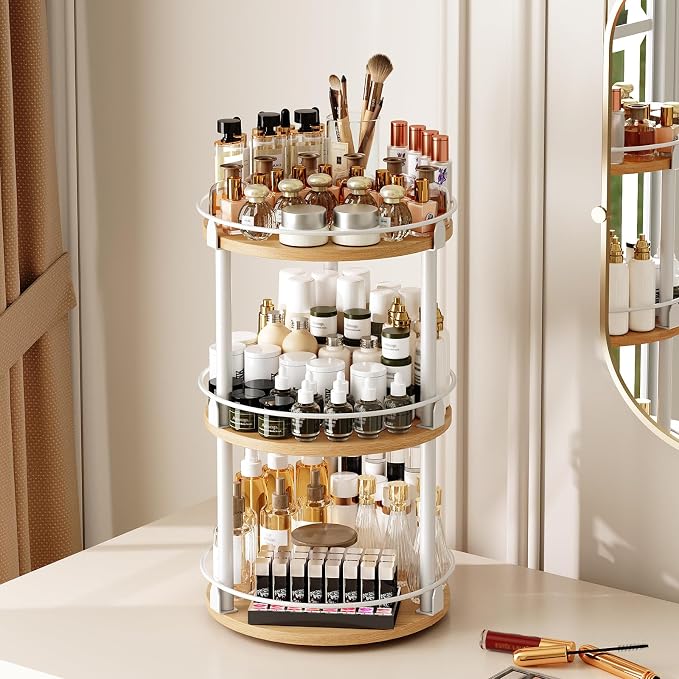 3-Tier Lazy Susan Organizer, Rotating Spice Rack, Spinning Organizer, Industrial Turntable Spice Rack Organizer for Cabinet, Kitchen Countertop, Pantry, White and Natural SR23WN - Image 7