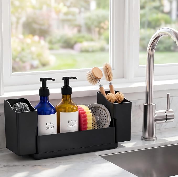 Sponge Holder for Kitchen Sink with Drying Stone, Black | Kitchen Caddy Sink Organizer, 2 Removable Cups, Premium ABS, Anti-Slip, 12.7" Sponge and Soap Holder for Kitchen Counter - Image 2