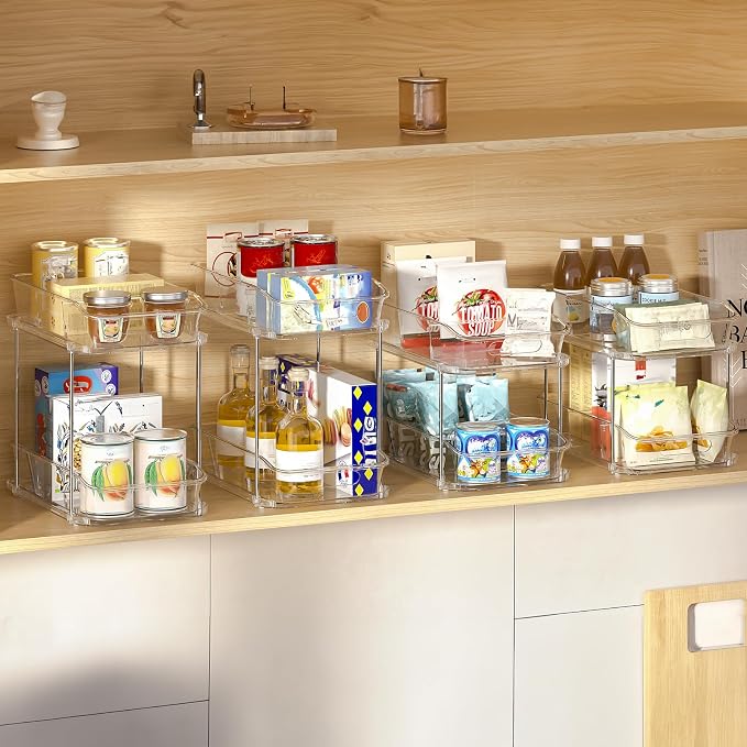 Delamu Bathroom Under Sink Organizers and Storage, 2 Pack, Clear | 2-Tier Multi-Purpose, Stackable, Pull Out Cabinet Kitchen Pantry Organization and Storage with Dividers - Image 4