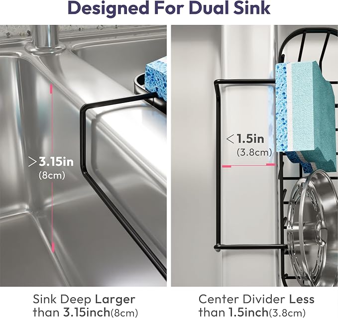 SWTYMIKI Sponge Holder for Kitchen Sink with Partition, Movable Kitchen Sink Caddy with Compact Size Stainless Steel Hanging Sink Sponge Caddy for Double Bowl Sinks, Black - Image 2
