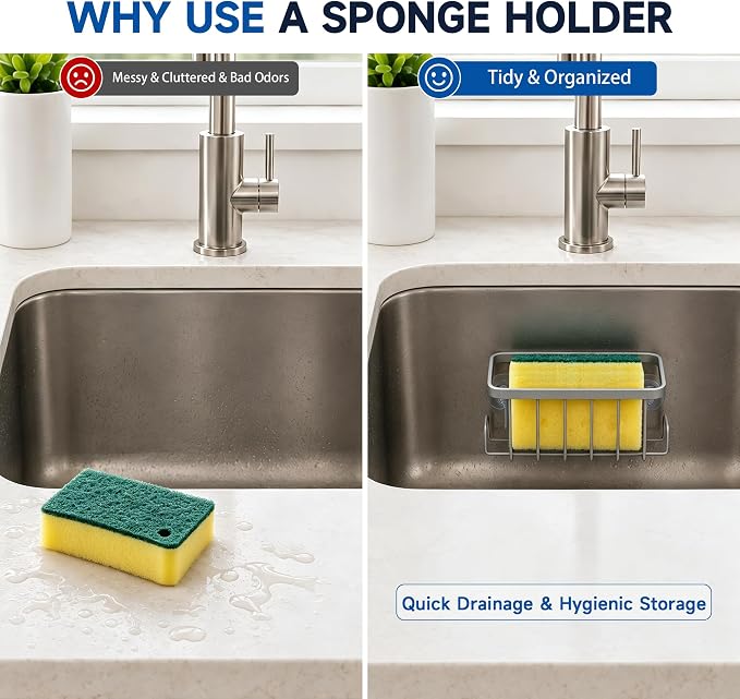 Sponge Holder for Kitchen Sink - Rustproof Coated Sink Caddy with 2 Side Hooks | Heavy Duty Suction Cup In-Sink Organizer for sponge, Scrubber & Stopper, Silver - Image 4