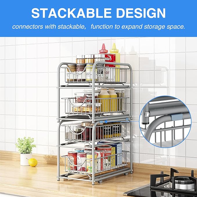 2-Tier Pull Out Organizer Under Sink Sliding Cabinet Rack,Sliver | Stackable sliding basket metal organizer with adjustable height and anti slip pad. Ideal for under sink or cabinet storage. - Image 7