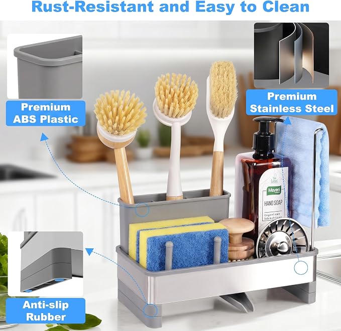 Sponge Holder for Kitchen Sink Caddy Organizer, Dish Brush Holder | Stainless Steel Sponge Caddy for Kitchen Countertop Organizer, Rustproof Dish Soap and Sponge Rack with Dishcloth Drying Rack - Image 4
