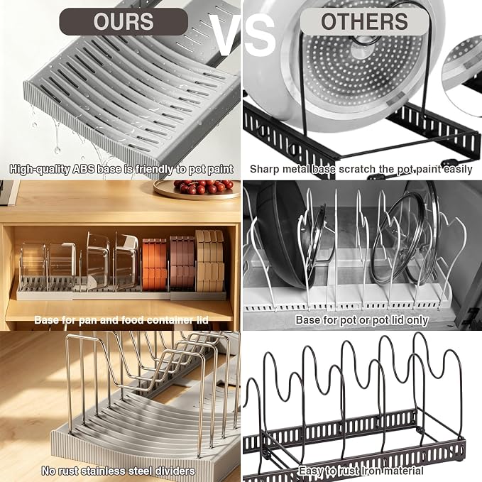 Magheo Pots and Pans Organizer Under Cabinet, Expandable 12.6"-22.8" Kitchen Cabinet Organizer Holder with 10 Adjustable Dividers for Food Storage Container Lid, Cookie Sheet, Cookware(1 Pack, Gray) - Image 7