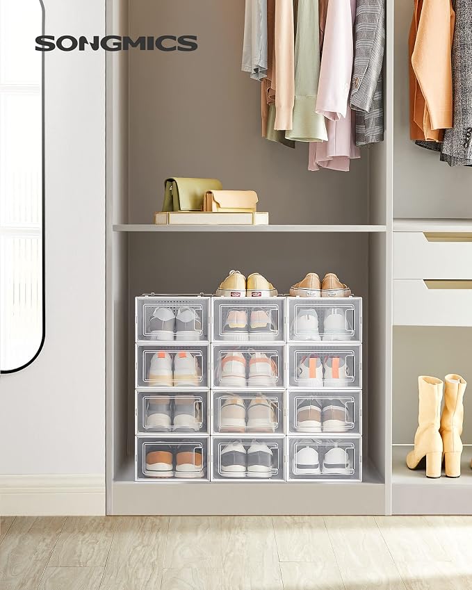 SONGMICS Shoe Boxes, Pack of 24 Shoe Storage Organizers, Stackable Clear Plastic Boxes for Closet, Sneakers, 13.1 x 9.1 x 5.6 Inches, Transparent and White ULSP906W12 - Image 2