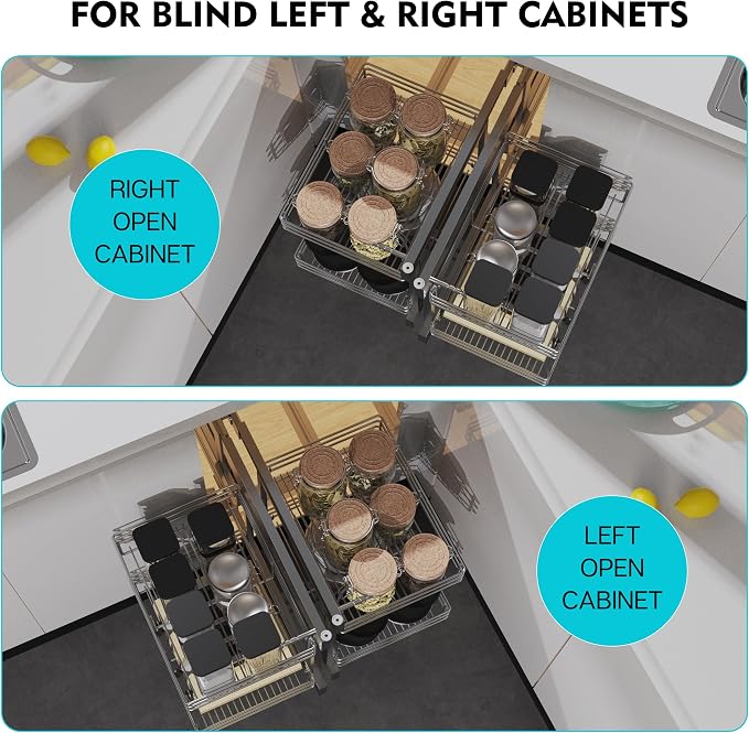 Blind Corner Cabinet Pull Out 2 Tier, Left & Right Blind Corner Cabinet Organizer for 20" W, Cabinet Pull Out 4 Shelves, Chrome, Slide Out Drawers for Kitchen or Bathroom Cabinets - Image 4