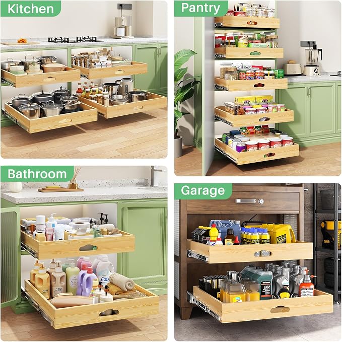 Pull Out Cabinet Organizer, Soft Close Wooden Slide Out Drawers for Pots and Pans, Full-extension Roll Out Shelves for Kitchen Cabinets, Pantry Organization, Bottom & Side Mount(26"W X 21"D x 3.4''H) - Image 9