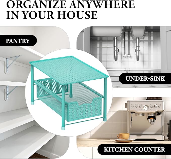 Simple Houseware Stackable Under Sink Sliding Basket Drawer, Turquoise | Perforated Free Standing Organizer, Kitchen/Pantry/Cabinet/Counter - Image 8