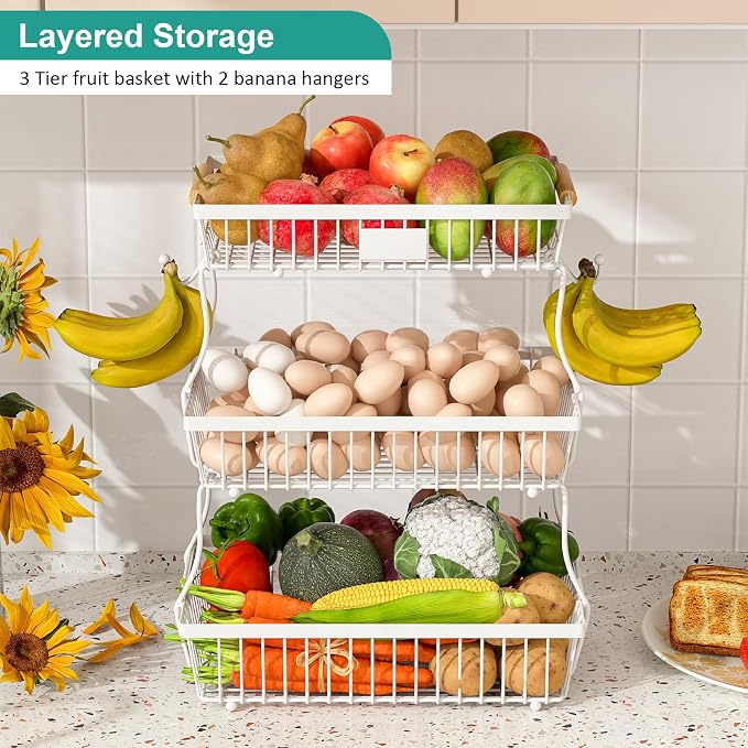 3 Tier Fruit Basket for Kitchen Counter with 2 Banana Hangers, Countertop Metal Fruit Bowl with Wooden Handle, Large Storage Stand for Vegetables, Snacks, Breads, Produce Storage – White - Image 2