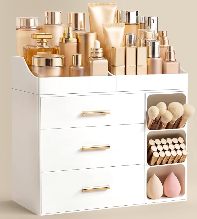 HBlife Makeup Organizer Countertop with Brush Holder,Large Bathroom Counter Organizer with Drawers,Skincare Organizers for Vanity,Plastic Dresser Organizer Storage Gift for Women Girl Mom,All White by HBlife