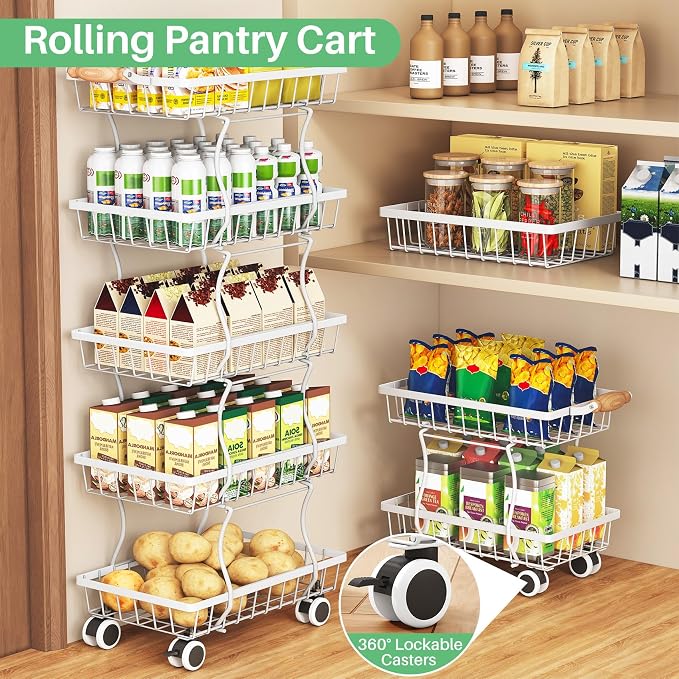 SAYZH 5-Tier Fruit Basket Stand with Vegetable Baskets for Kitchen, White | Stackable Metal Wire Basket, Sturdy Rolling Storage Carts for Kitchen, Pantry Organizer, Snack and Jar Storage - Image 6