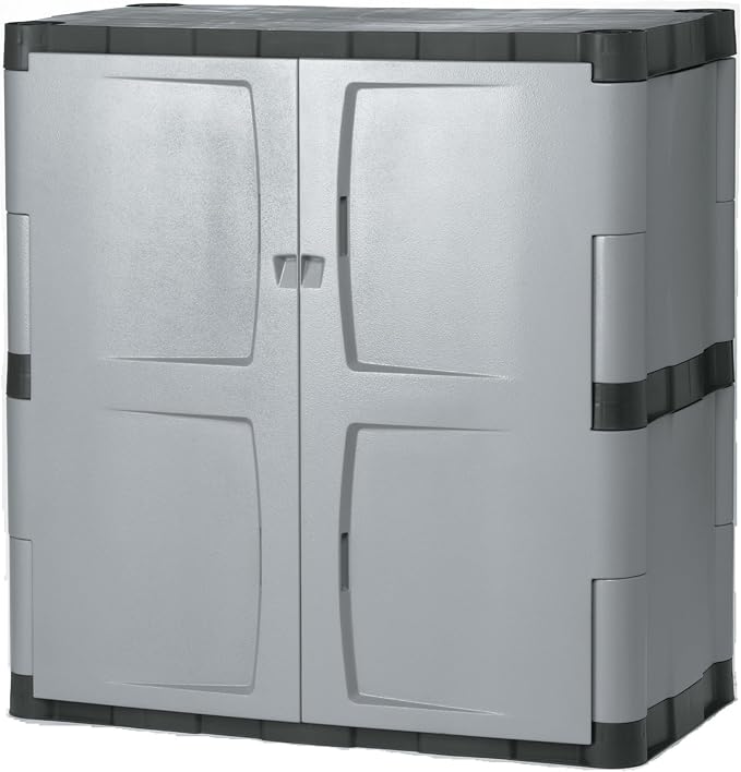 Rubbermaid Freestanding Storage Cabinet with Doors 18"D x 36"W x 37"H Medium Gray/Black Two-Shelf Lockable Cabinet for Indoor/Outdoor/Garage Storage for Garden Tools/Lawn Care Accessories by Unknown