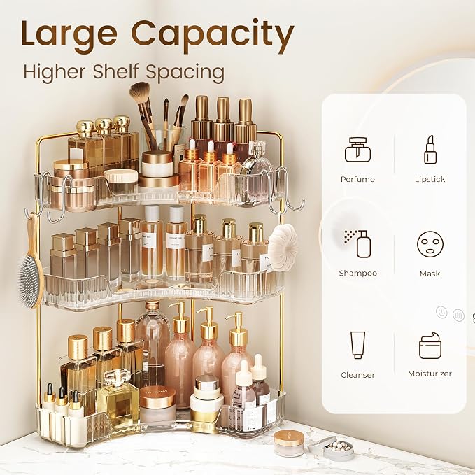 Corner Bathroom Counter Organizer 3-Tier Bathroom Organizer | Storage Countertop with Hooks Perfume Organizers Storage Shelf for Makeup & Skincare Dresser-Clear - Image 4