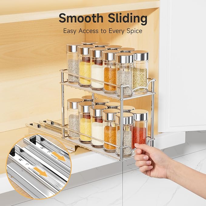 MUDEELA Pull Out Spice Rack for Inside Cabinet, 2 Tier Chrome Spice Organization for Cabinet, Vertical Sliding Out Spice Rack Organizer for Seasoning, 10.4''D×4.8''W×9.3''H - Image 2