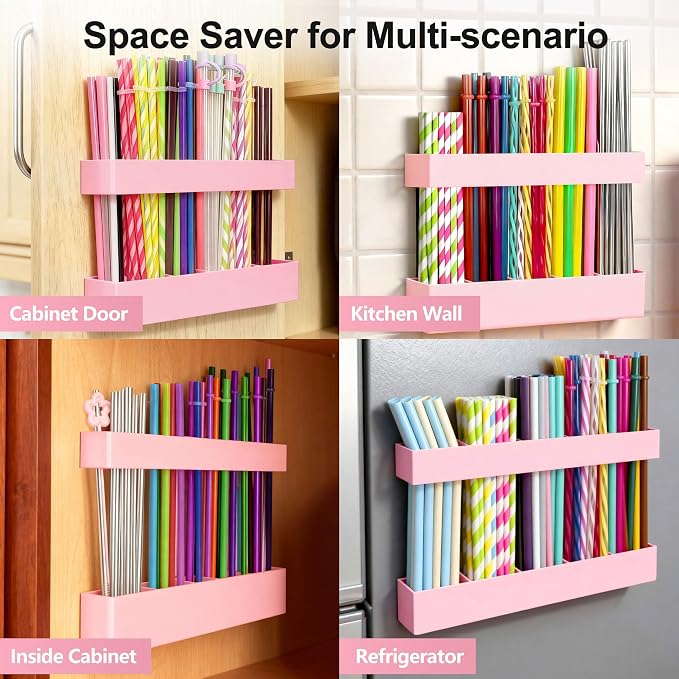 9.5” Large Acrylic Straw Holder for Cabinet Door, Adjustable Two-Part | Reusable Straws Organizer with Ultra Sticky Adhesive Strips, 2026 Straw Storage for Kitchen Cupboard (Rose Stone) - Image 4