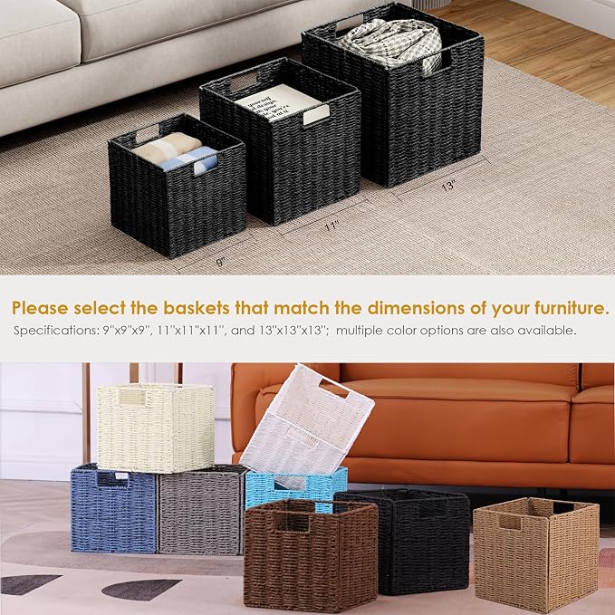 Wicker Storage Basket, Set of 2 Hand-Woven Storage Baskets for Shelves with Handles Foldable Cube Storage Baskets Bins, 9 inch Wicker Baskets for Pantry Bedroom Organizer &Decor, Natural - Image 8