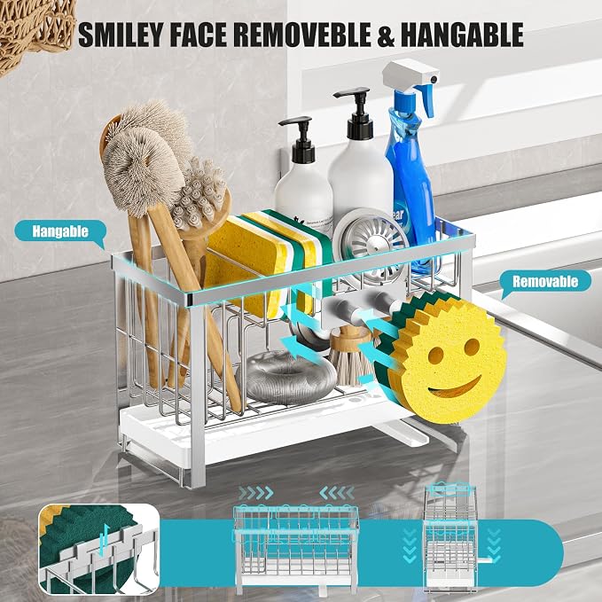 Sponge Holder for Kitchen Sink with Flexible Sink Caddy Smiley Face,2 Tier Kitchen Sink Organizer Countertop and Storage Essentials,Soap Dispenser Organize,Home Decor Accessories-Silver - Image 3