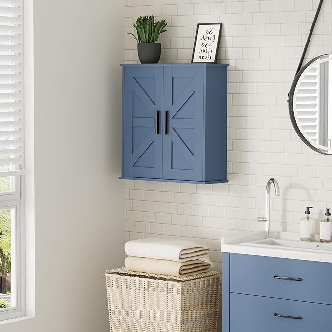 Homleke Bathroom Wall Cabinet, Medicine Cabinet with Adjustable Shelves | 3-Tier Wall Mounted Over Toilet Storage with Barn Doors, for Bathroom, Kitchen, Entryway, Laundry Room, Blue, (7.9" D) - Image 2