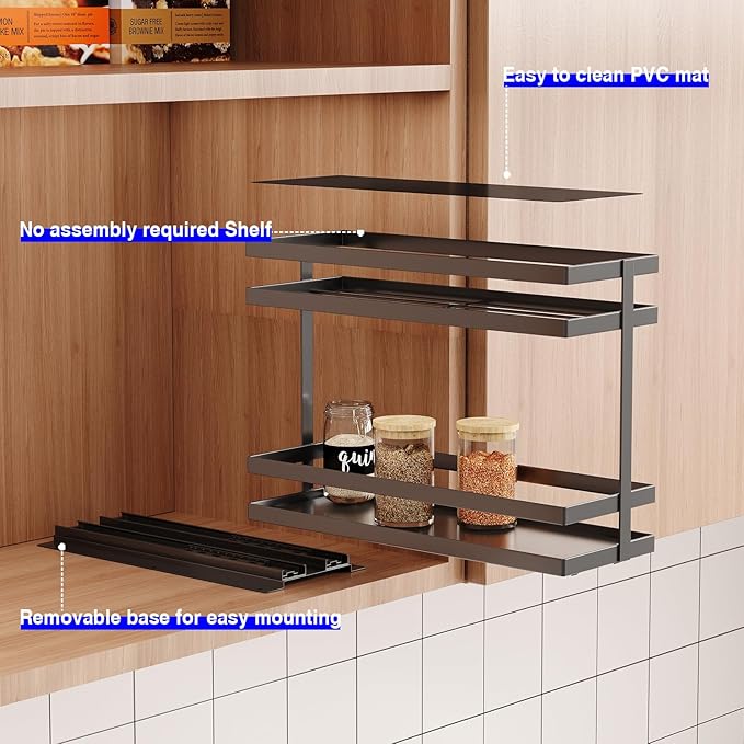 Mustorn 4 Pack Pull Out Spice Rack Organizer for Cabinet, 2 Tier Metal Slide Out Seasoning Organizer and Storage Heavy Duty Vertical Spice Rack Shelf Pullout for Kitchen Cabinets No Drilling (Black) - Image 5