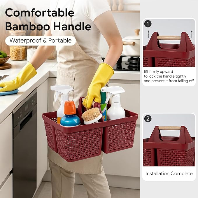 UUJOLY Portable Plastic Shower Caddy Basket with Wooden Handle, Red | Divided Storage Organizer Tote for Bathroom, Dorm, College, Kitchen & RV – Lightweight, Easy-Carry Essentials Caddy - Image 2