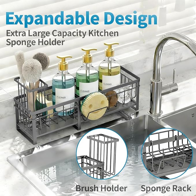 Extra Large Extendable Sponge Holder for Kitchen Sink Caddy Organizer | Rustproof Sink Caddy Organizer with High Brush Holder, Dish Soap Dispenser Organizers and Storage (Black) - Image 4