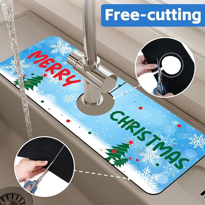 Christmas Tree Snowflakes Dish Drying Mat for Kitchen Sink Splash Guard Behind Faucet Sink Mat Absorbent Fast Drying Faucet Draining Mat for Bathroom Kitchen 5.5"×15" - Image 7