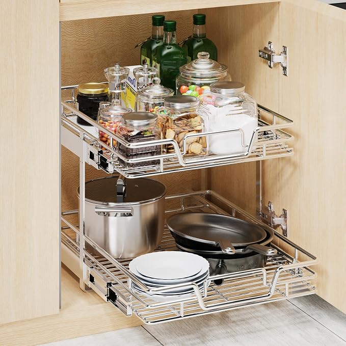2-Tier Kitchen Cabinet Pull Out Cabinet Organizer,Shelf and Drawer Organizer Slide Out Pantry Storaqe Basket in Multiple Sizes (17" W x 21" D) - Image 6
